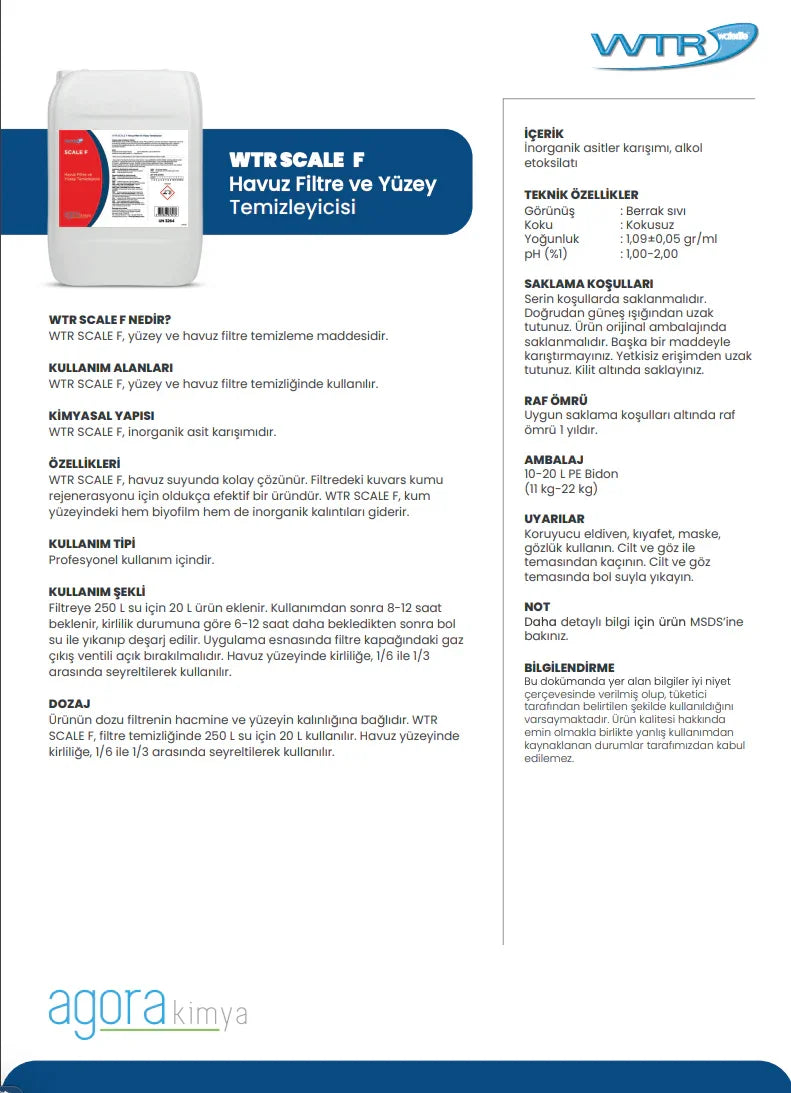 WTR SCALE F container and info sheet for pool filter and surface cleaner by Agora Kimya, Turkish text