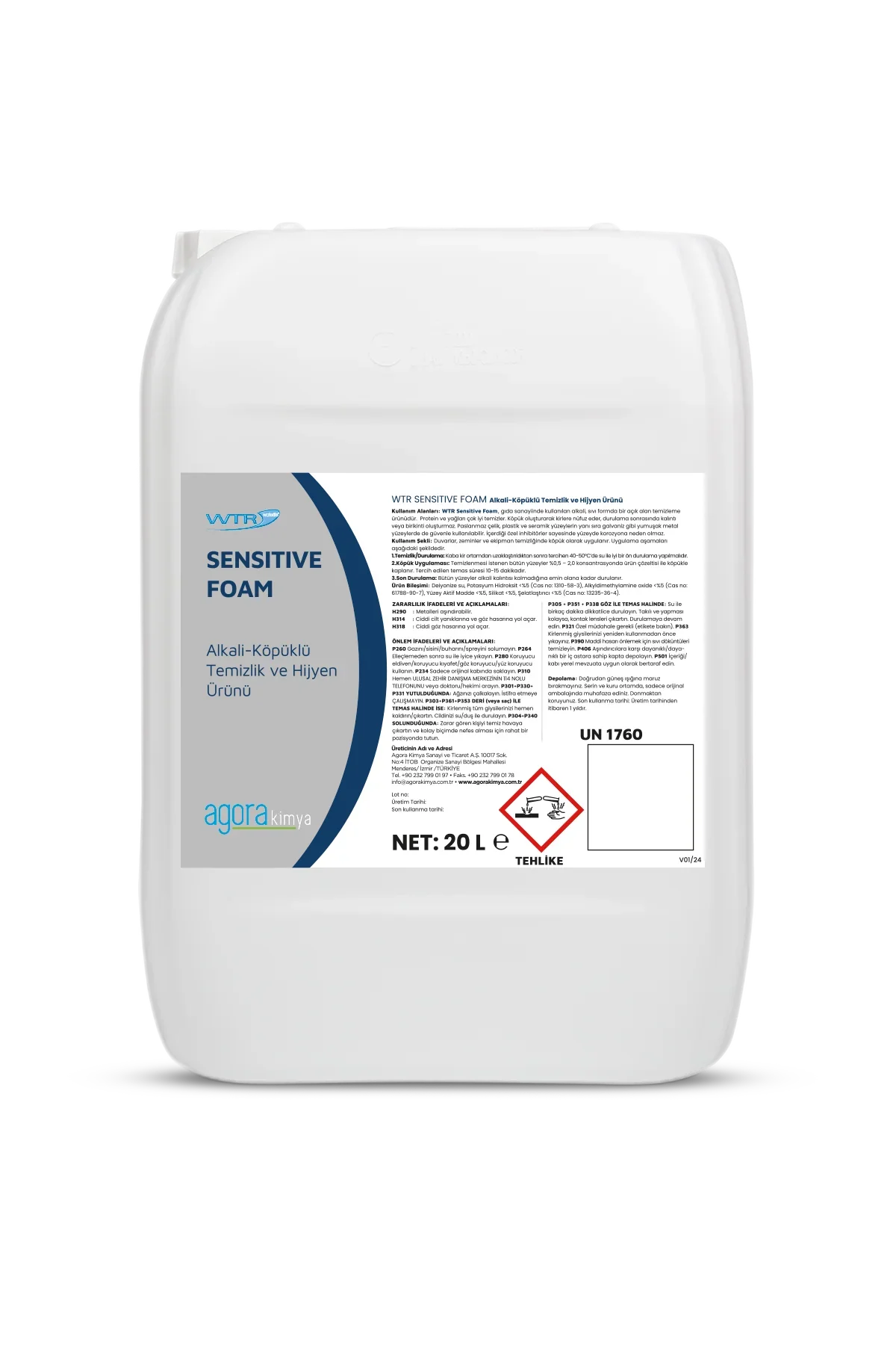 20 liter white container of WTR Sensitive Foam alkaline foaming cleaning and hygiene product