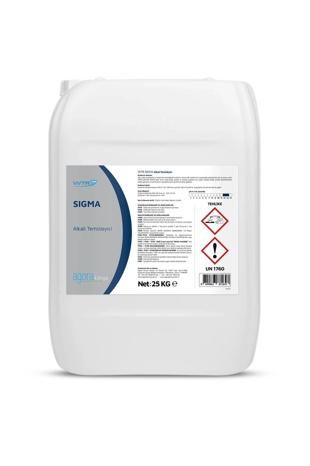 White 25kg container of Agora Kimya WTR Sigma alkali cleaner with detailed hazard and usage labels