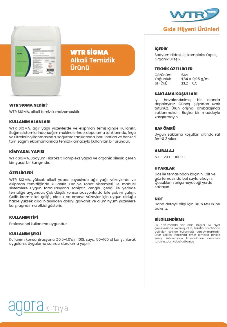 WTR Sigma alkali cleaning product container with detailed Turkish usage and safety instructions