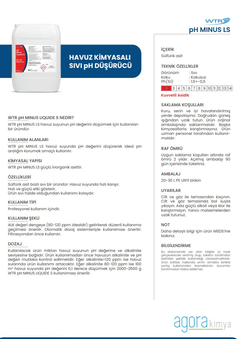 WTR pH Minus LS pool chemical pH reducer liquid container with product details and usage instructions