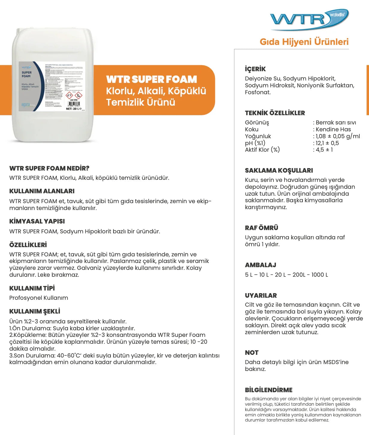 WTR Super Foam cleaning product label in Turkish with usage, ingredients, technical details, and safety info