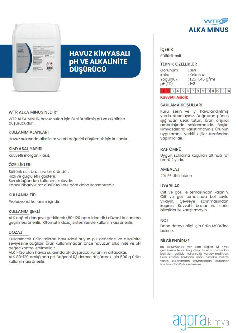 WTR ALKA MINUS pool chemical container with pH and alkalinity reducer info sheet