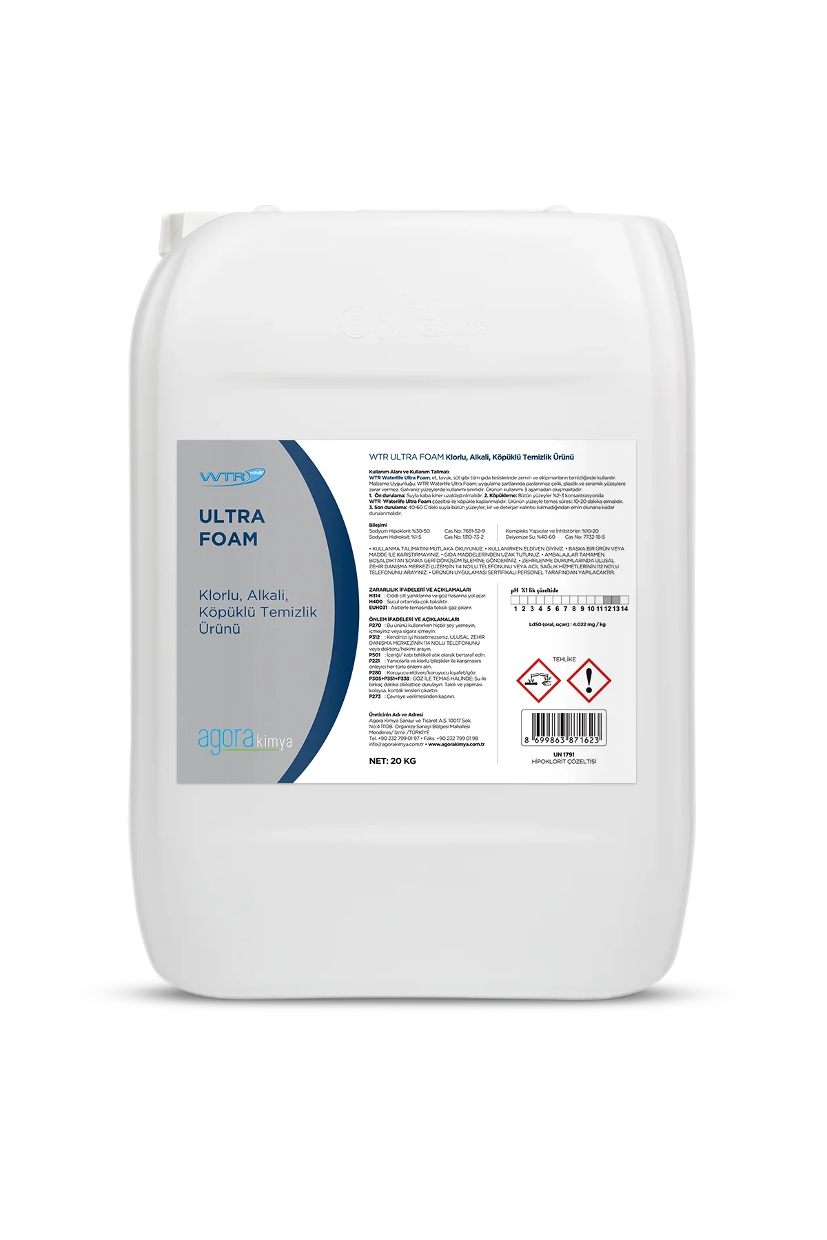 20kg white container of WTR Ultra Foam chlorinated alkaline foaming cleaning product by agora kimya
