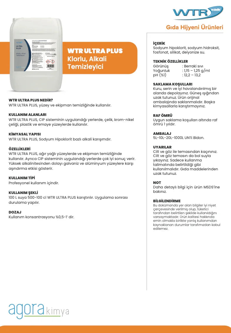 WTR Ultra Plus chlorinated alkaline cleaner container with detailed food hygiene product information