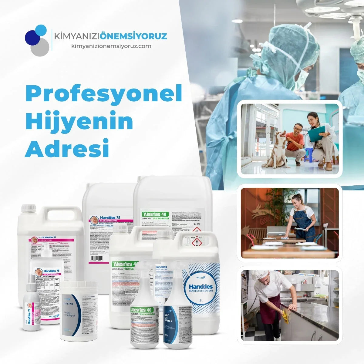 Profesyonel hijyen dezenfektan ürünleri ve temizlik yapan sağlık çalışanları, evcil hayvan veterineri ve restoran çalışanı