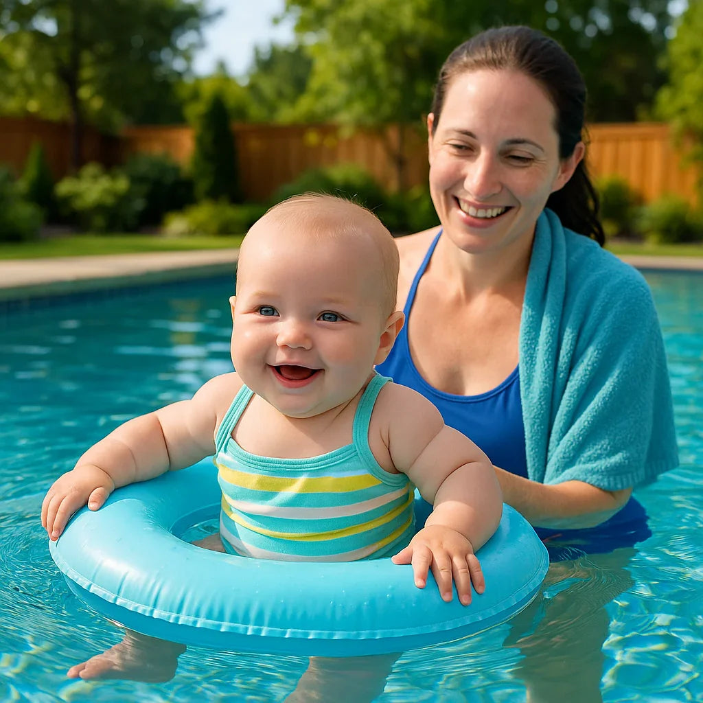 Yüzme havuzunda mavi simit içinde gülümseyen bebek ve arkada mavi bornozlu kadın