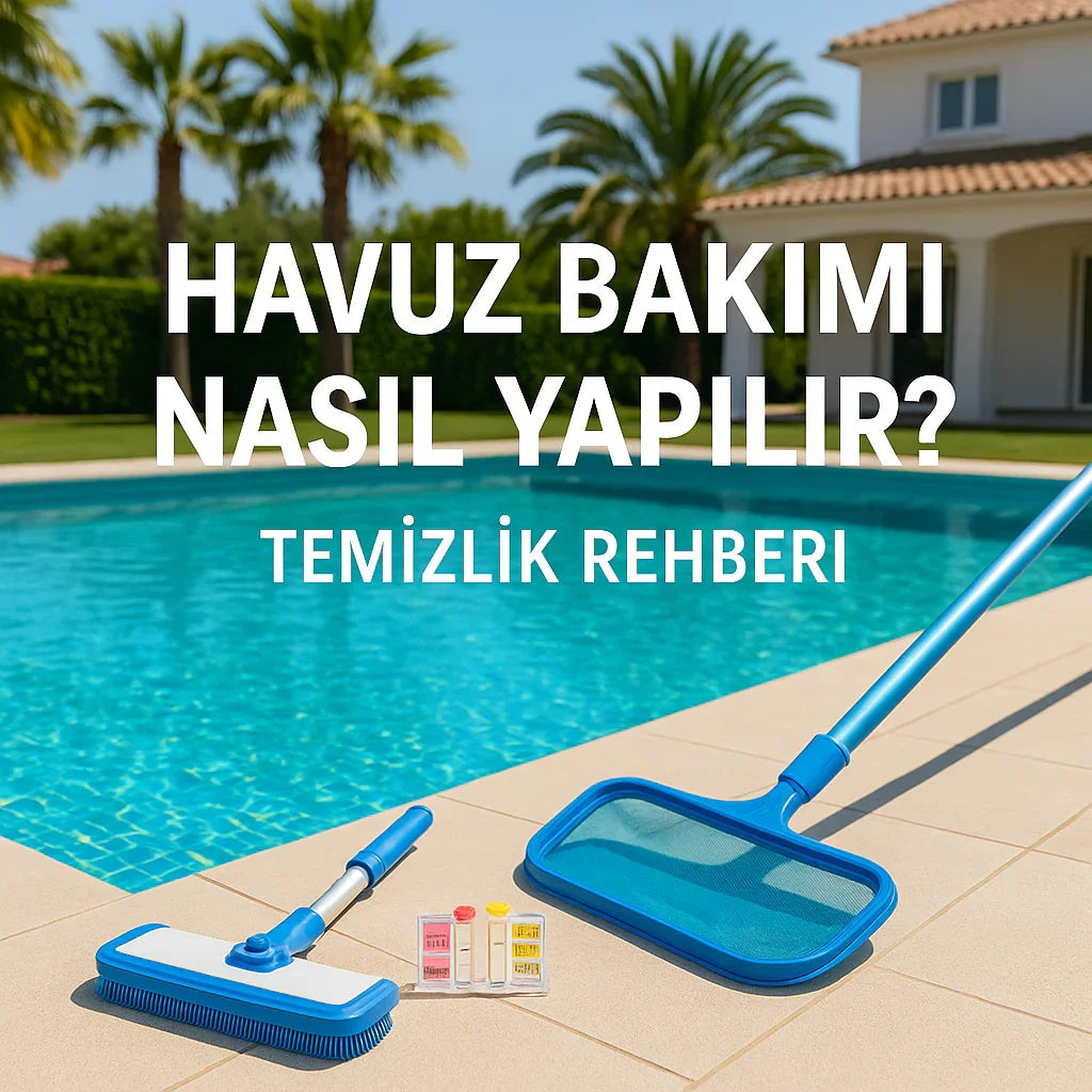 Havuz temizliği ekipmanları ve kimyasal test kitleri ile villa önünde temiz yüzme havuzu