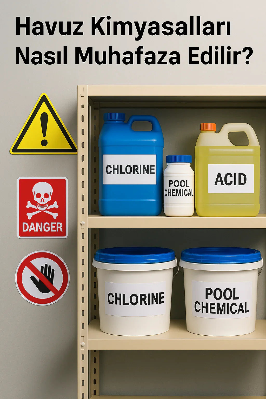 Havuz kimyasalları depo rafında, klorin ve asit kapları ile tehlike uyarı işaretleri