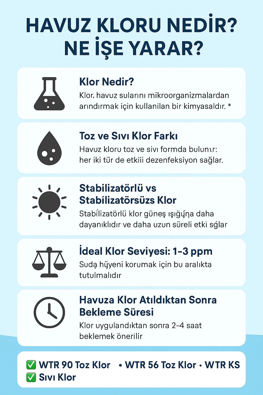 Havuz kloru nedir ve faydaları: toz ve sıvı klor farkı, ideal klor seviyesi ve bekleme süresi açıklaması