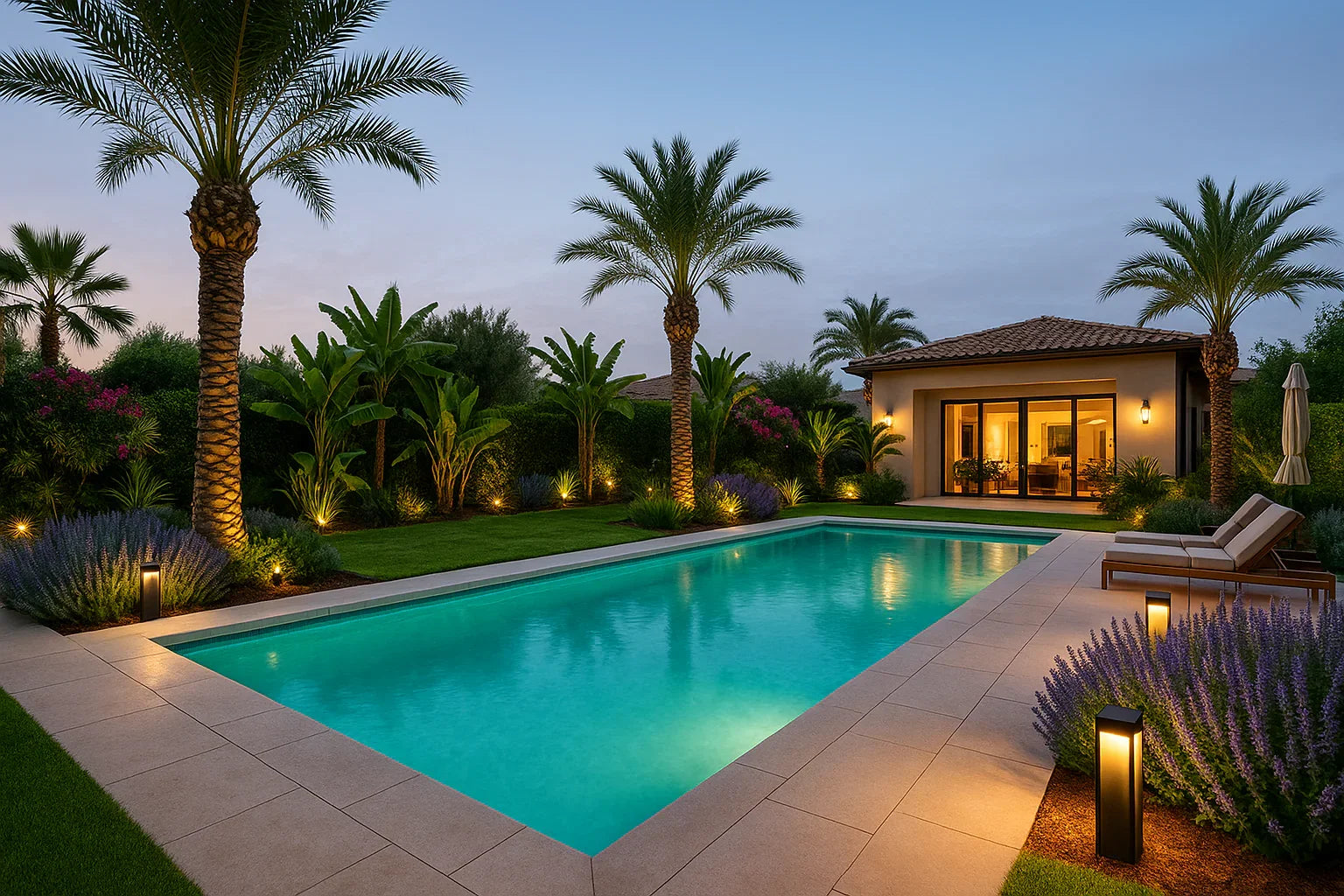 Akşam aydınlatmalı modern havuz, palmiye ağaçları ve peyzajlı bahçe ile konut manzarası
