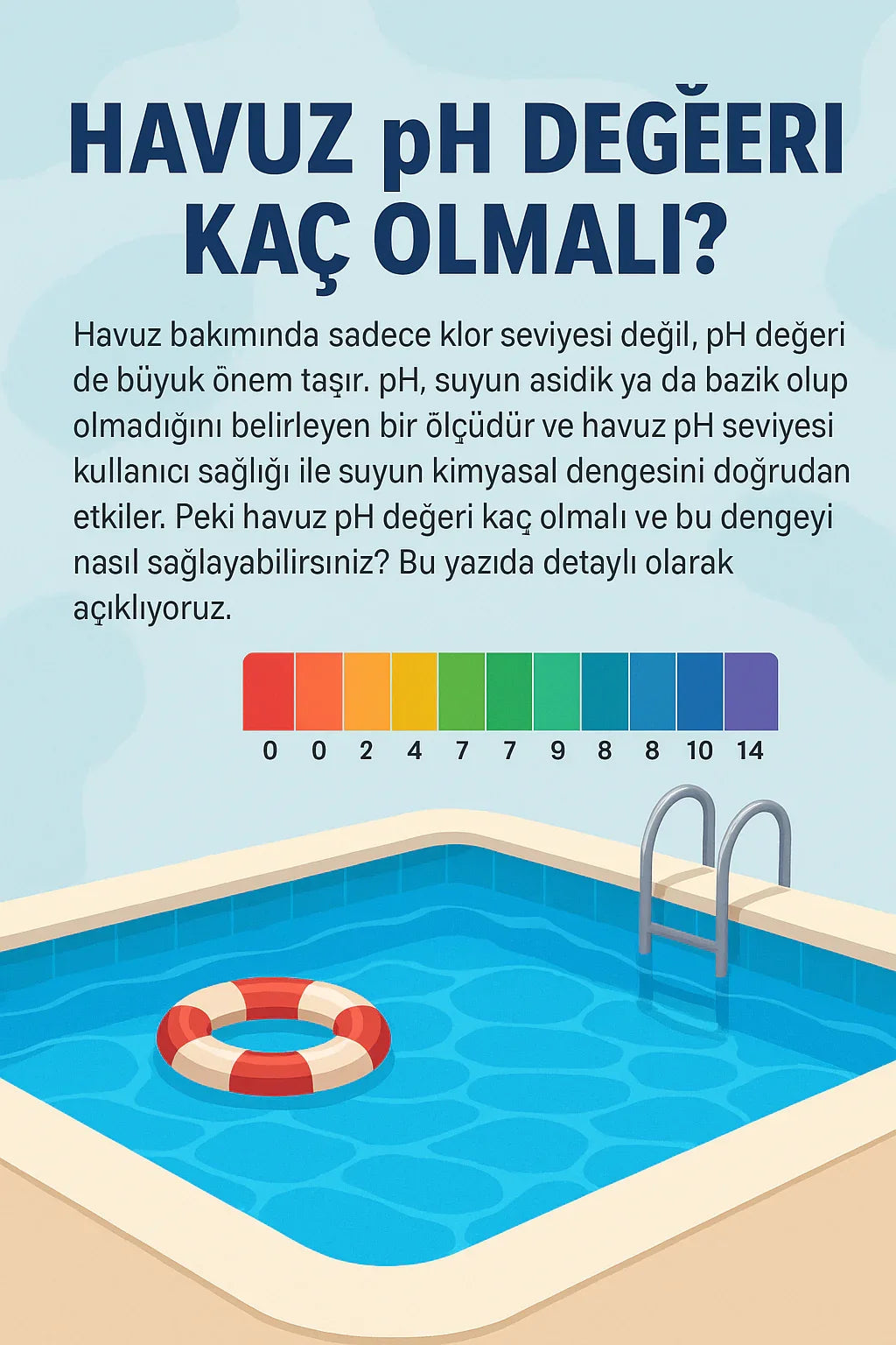 Havuzun pH değeri ve önemi açıklaması, pH skalası ve yüzme havuzu kenarında can simidi görüntüsü