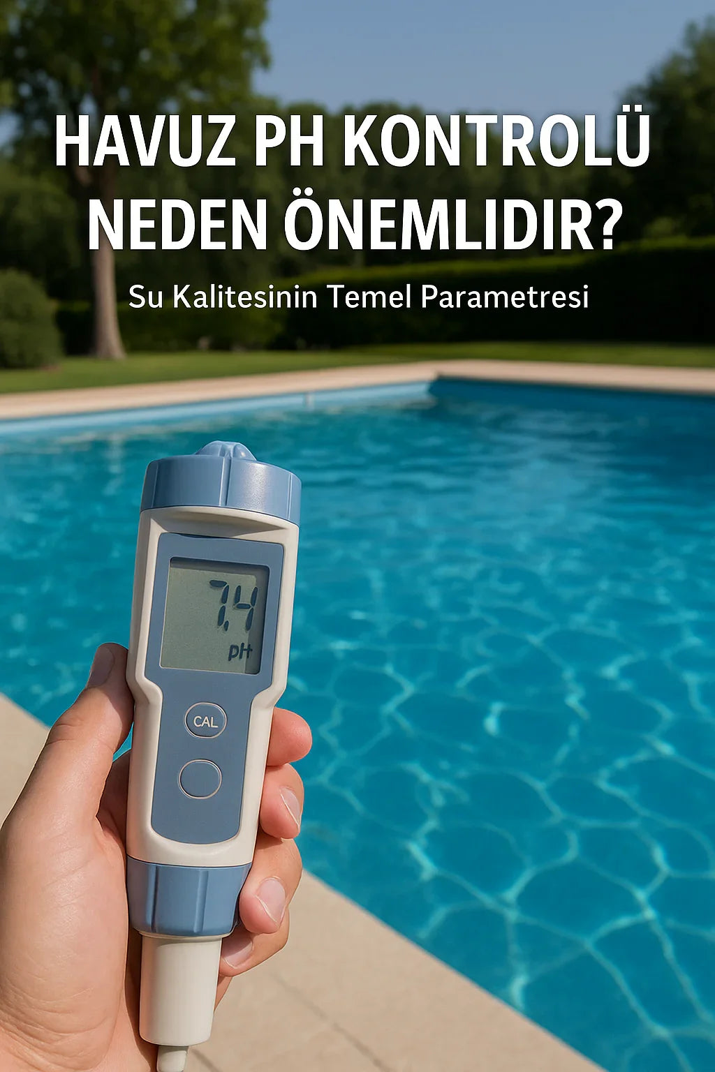 Havuz kenarında pH ölçerle 7.4 pH seviyesi gösteren el ve temiz su