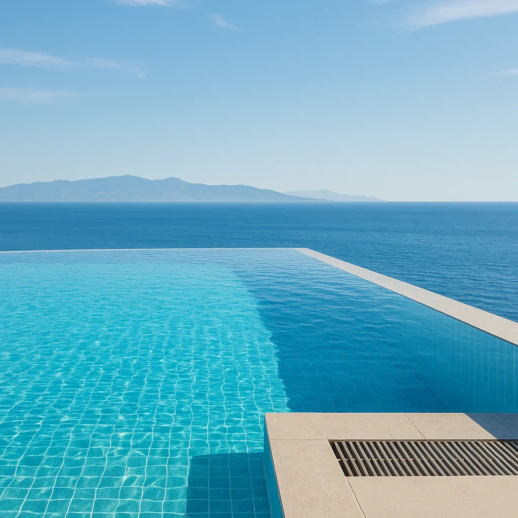 Deniz manzaralı sonsuzluk havuzu, berrak mavi su ve açık gökyüzü ile huzurlu ortam