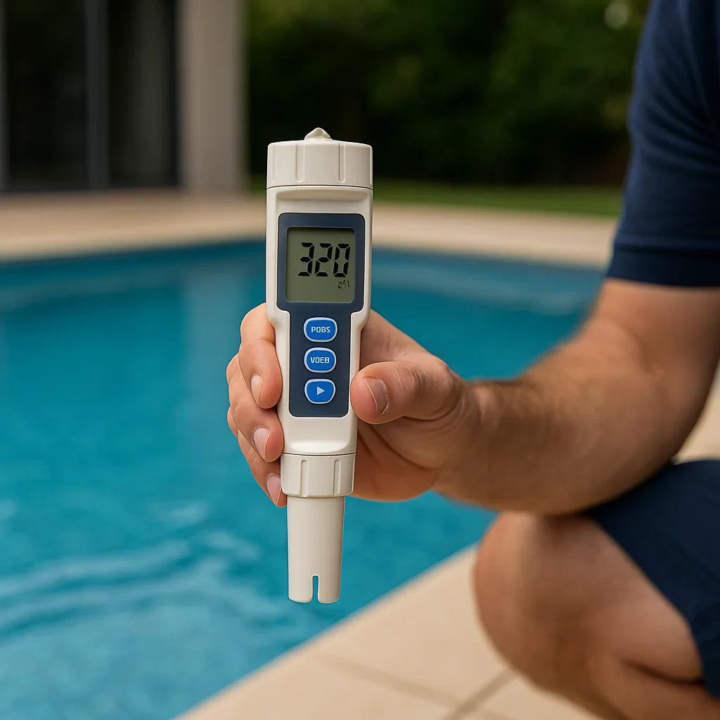 Havuz kenarında, dijital tuz ölçer ile tuz oranı ölçülen mavi havuz ve cihaz ekranında 320 değeri