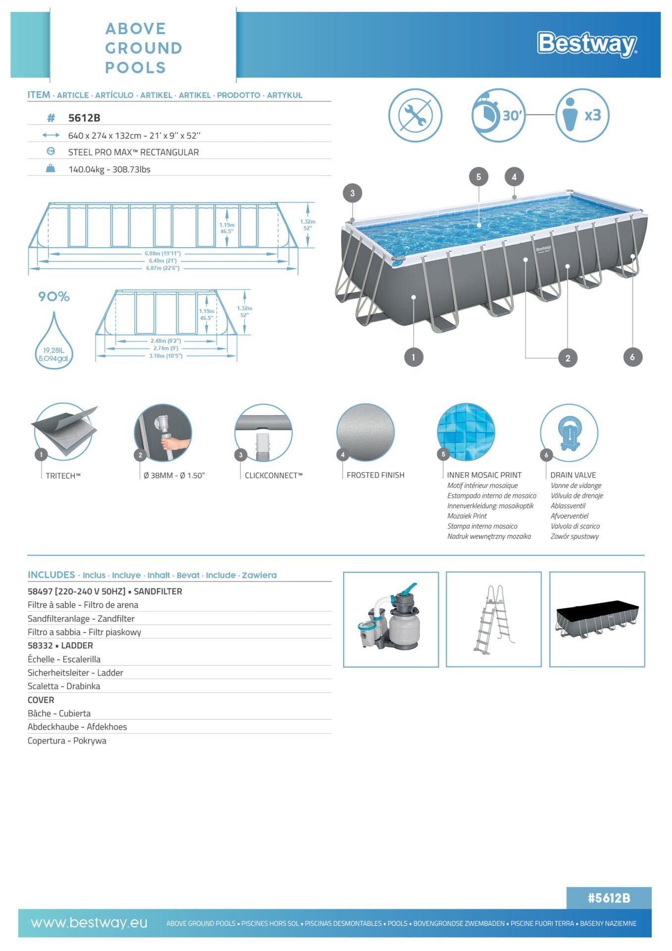 Bestway® 5612B Steel Pro MAX™ Yerüstü Prefabrik Havuz Seti 6,40 m x 2,74 m x 1,32 m