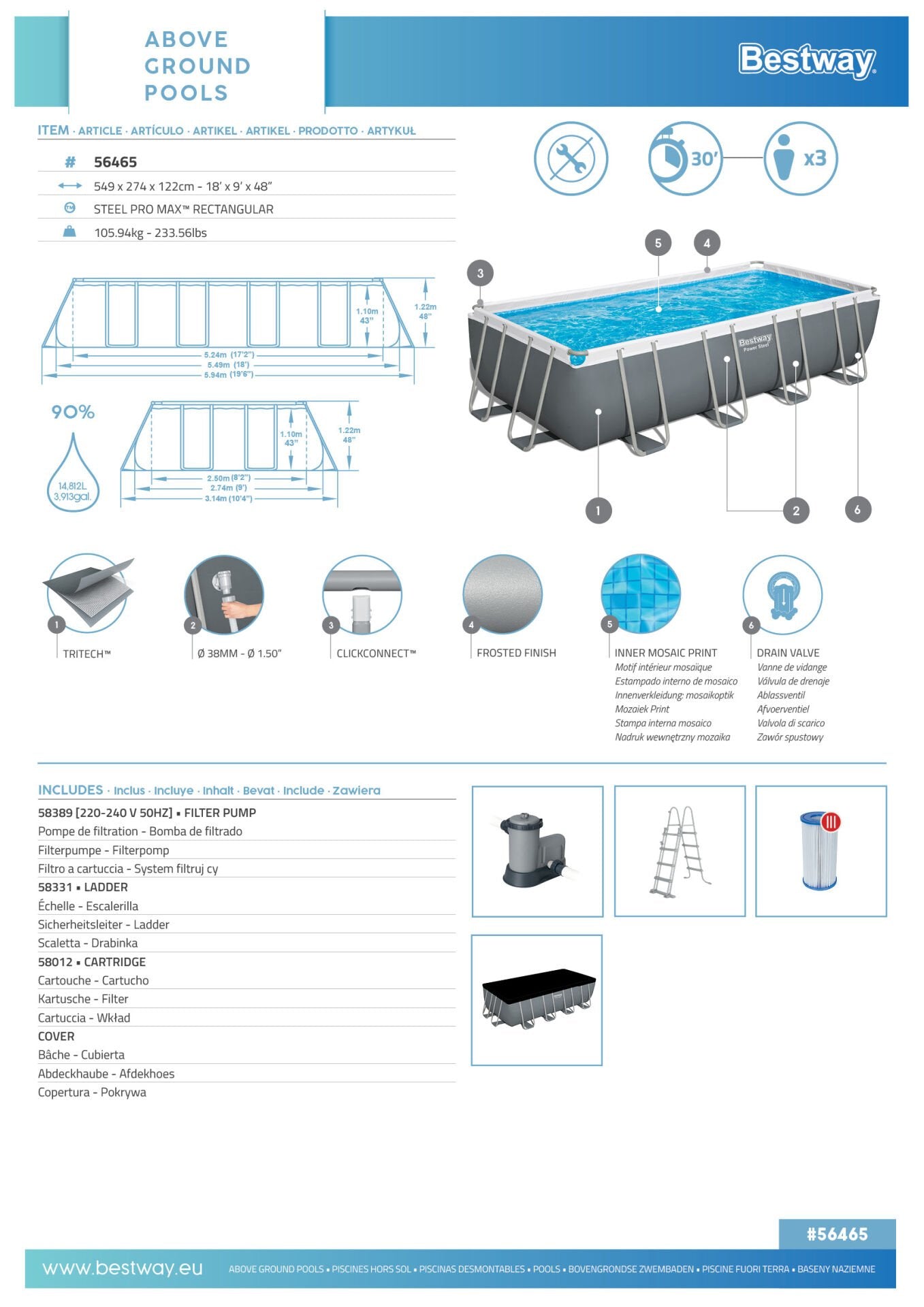Bestway® 56465 Steel Pro MAX™ Prefabrik Yer Üstü Havuz Seti 5,49 m x 2,74 m x 1,22 m
