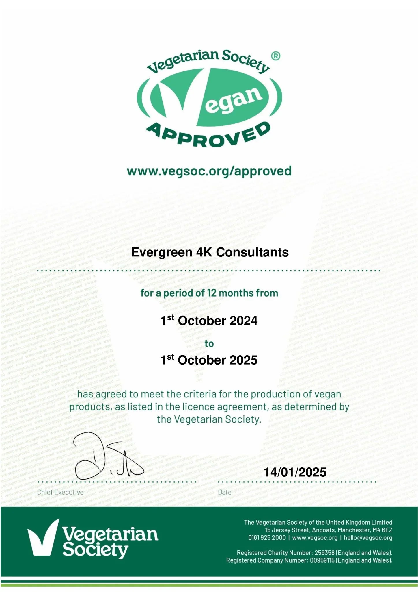 Vegetarian Society vegan onay sertifikası, 1 Ekim 2024-1 Ekim 2025 tarihleri arasında Evergreen 4K Consultants için