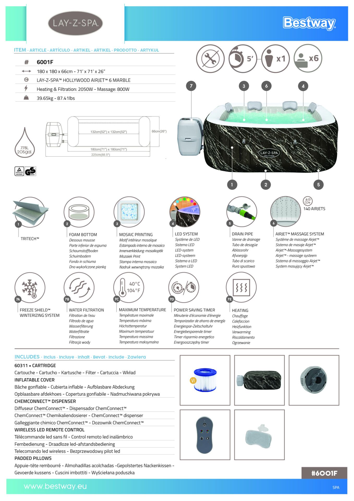 Lay-Z-Spa® 6001F Hollywood Energy-Efficient Luxe AirJet™ Şişme Spa Havuzu, LED ışıklı, 4-6 kişilik