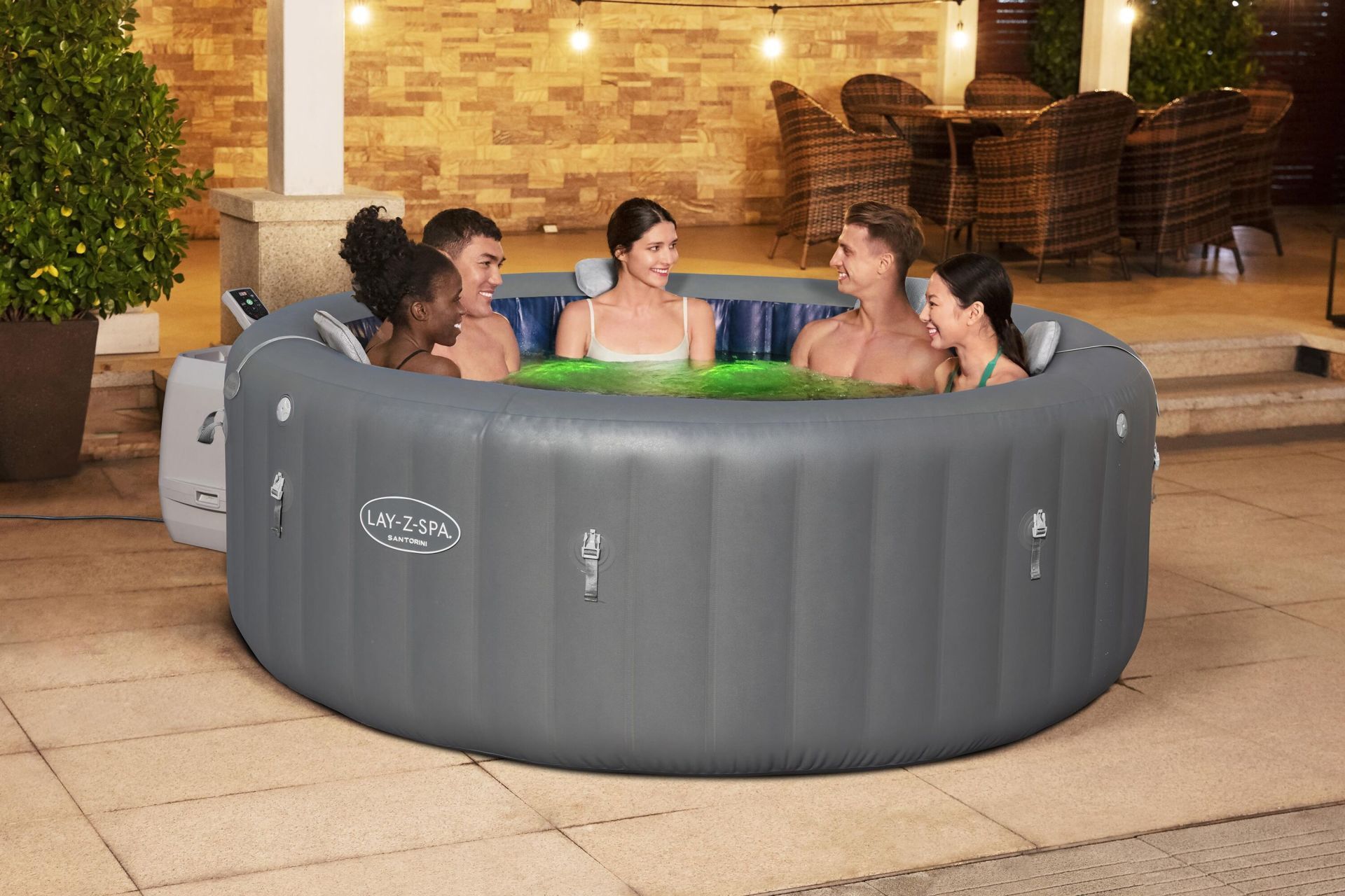 Lay-Z-Spa® 6001T Santorini Smart HydroJet Pro™ Enerji Tasarruflu Şişme Spa Havuzu, Mobil Uygulama Kontrollü, 5-7 kişilik