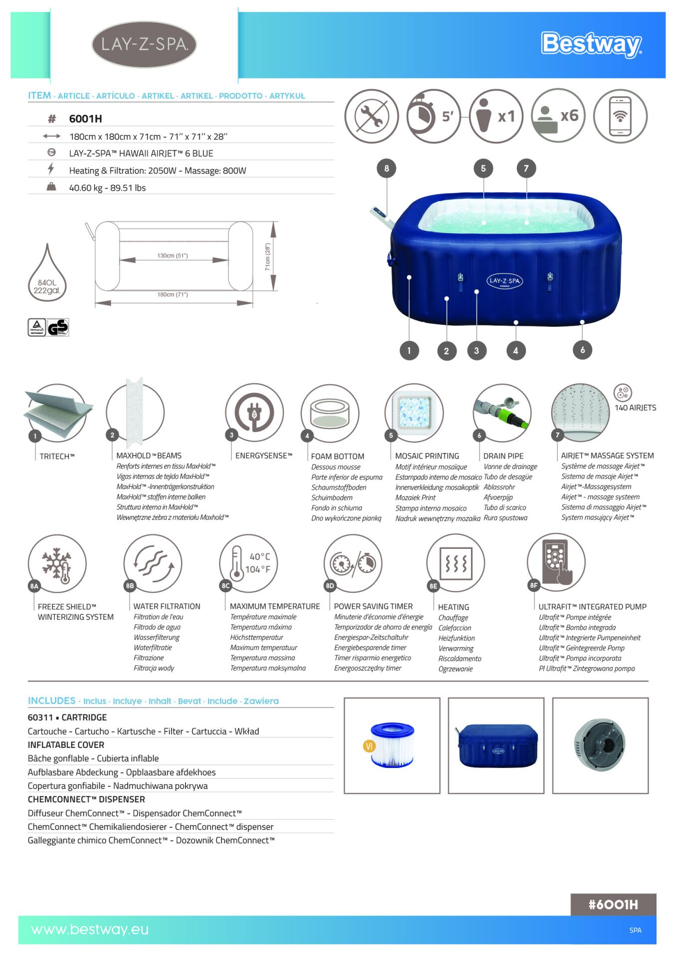 Lay-Z-Spa® Hawaii Smart AirJet™ 6001H Enerji Tasarruflu Şişme Spa Havuzu, Mobil Uygulama Kontrollü, 4-6 kişilik