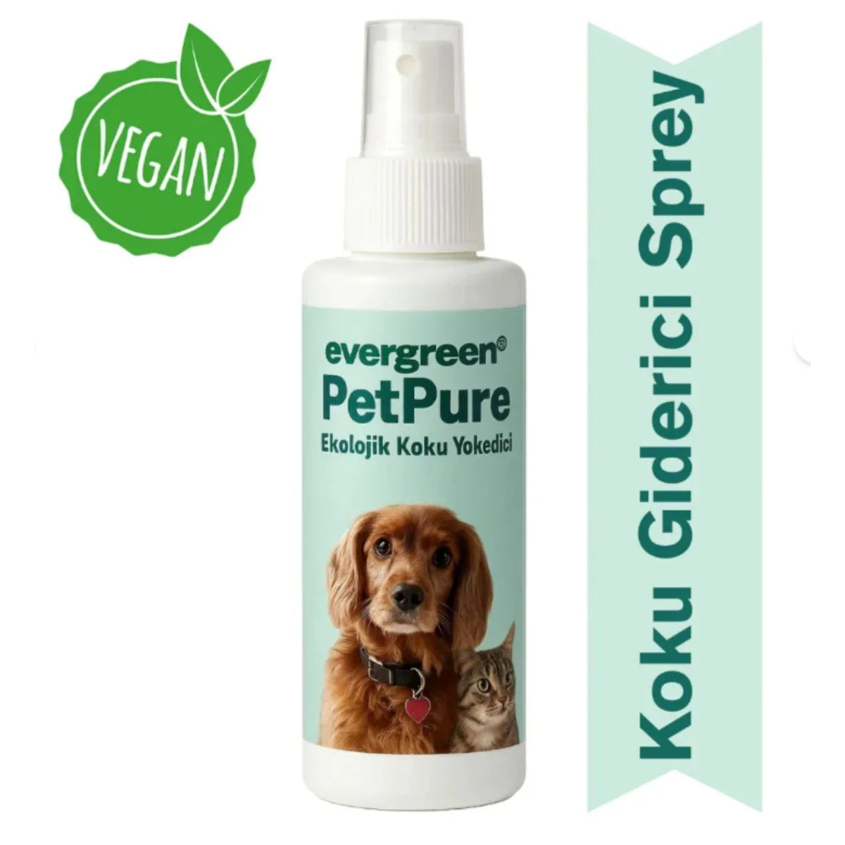 Evergreen PetPure ekolojik koku yok edici evcil hayvan spreyi, köpek ve kedi resmi, vegan etiketi