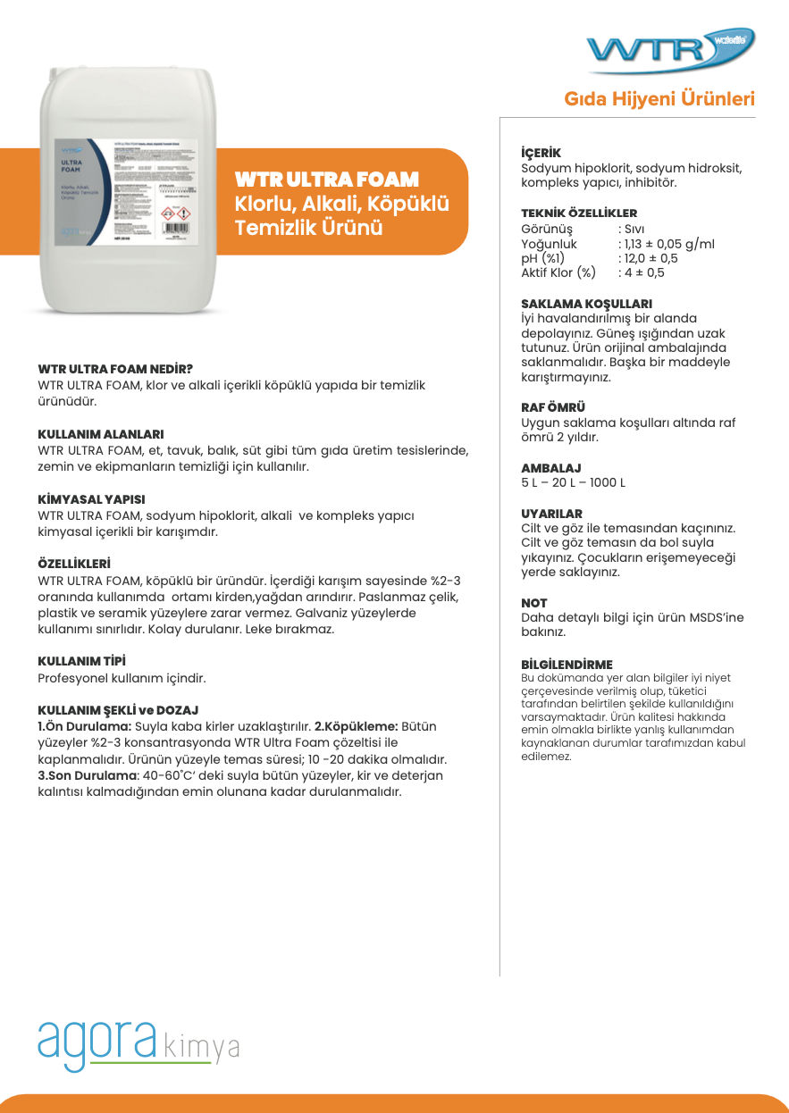 WTR ULTRA FOAM - Yüksek Klorlu Köpüklü Temizleme Ürünü 20 Kg